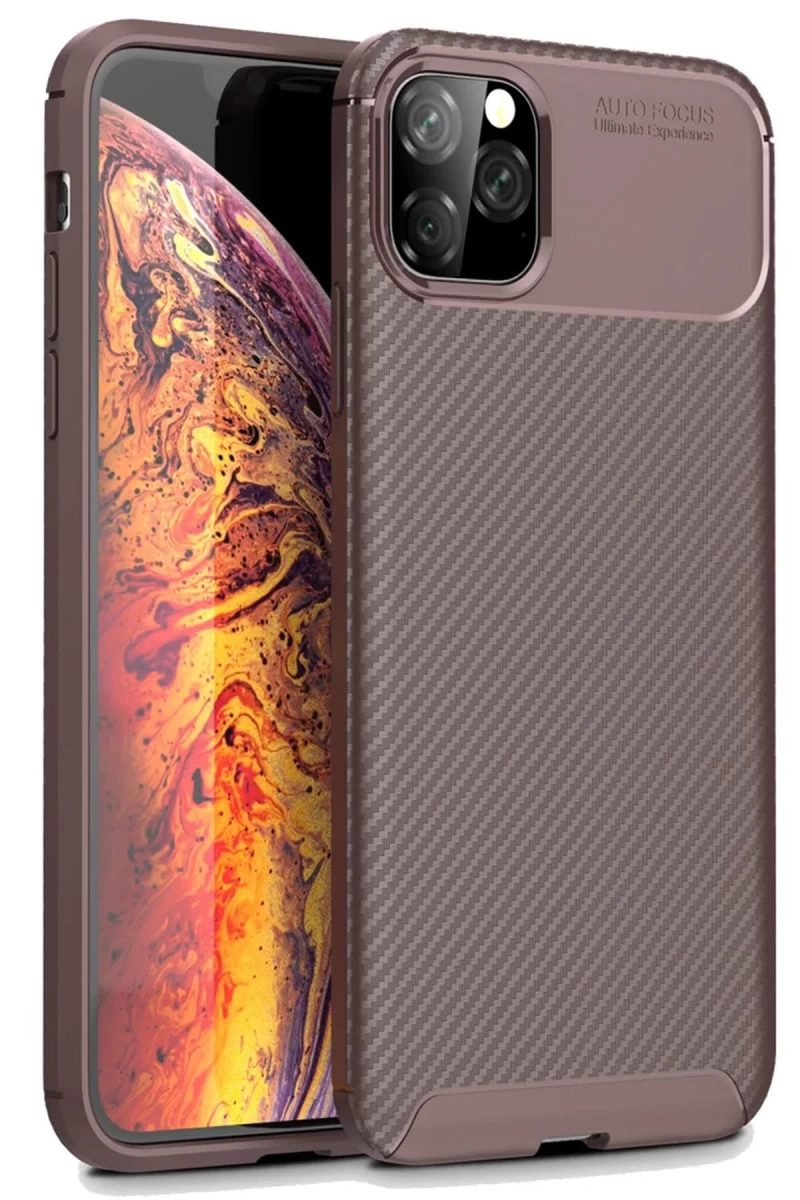 Apple iPhone 11 Pro Max Uyumlu Kılıf Auto Focus Karbon Kapak - Kahverengi