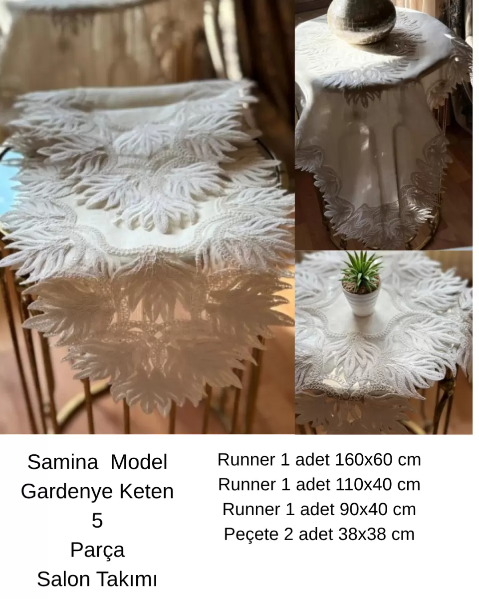 Çeyizlik Samina Model No 85693 Krem Dantelli Keten Masa Örtüsü Runner Seti 5 Parça