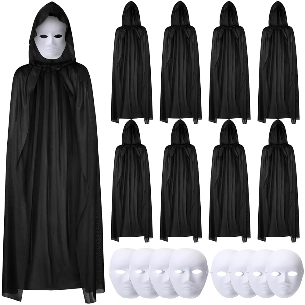 120 cm Siyah Kapüşonlu Pelerin ve Boyanabilir Karton Maske 8?li Set