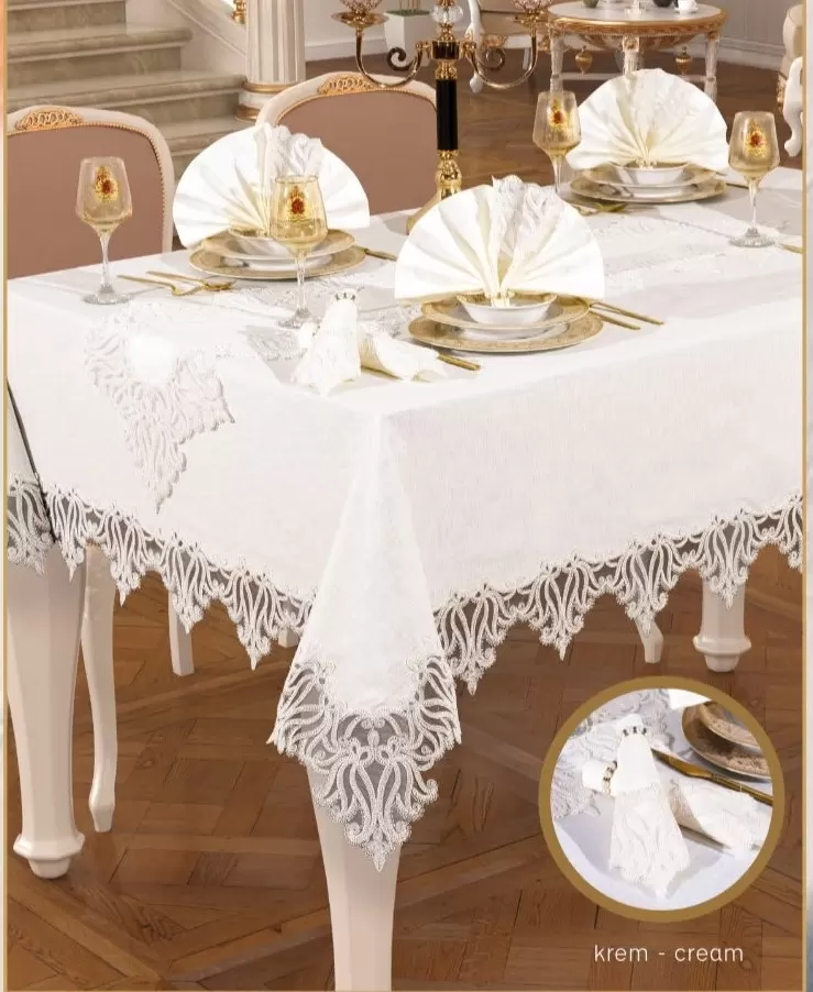 Gülse 12 Kişilik 26 Parça 160 × 220 cm Runner Krem Lüks Çeyizlik Yemek Takımı Masa Seti