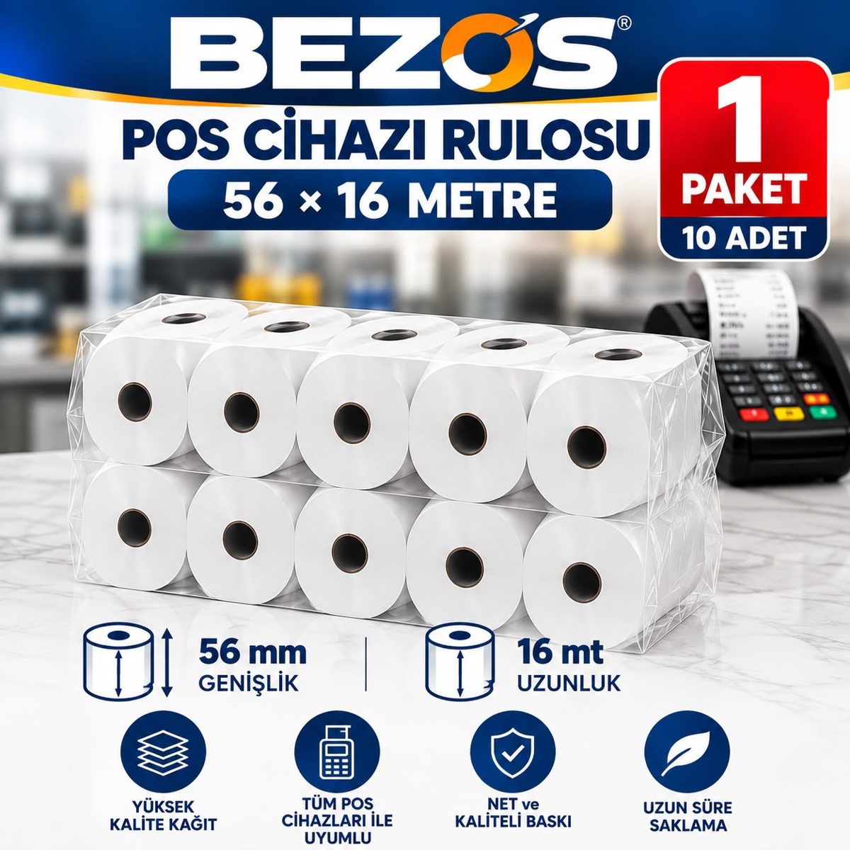 Termal POS Cihazı Rulosu 56 mm x 16 m - 10 Adet (1 Paket) Yazar Kasa Slip Rulosu