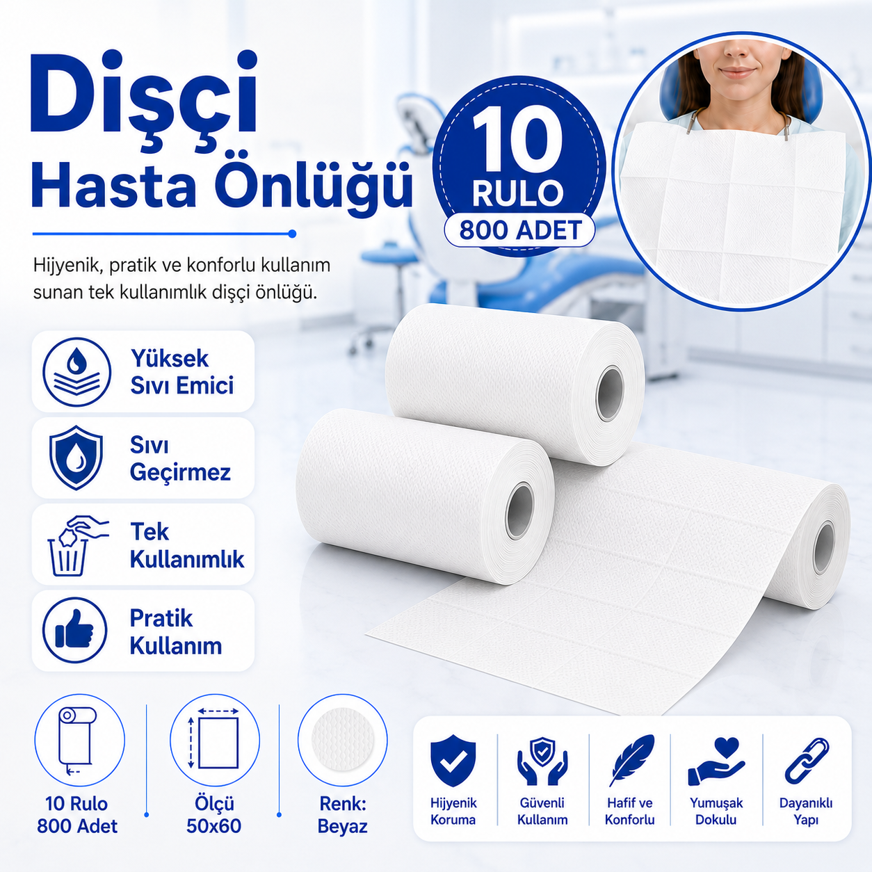 Dişçi Hasta Önlüğü 10 Rulo 800 Adet Beyaz 50x60 cm