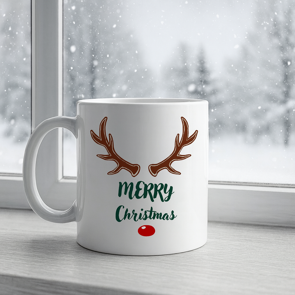 Merry Christmas Yazılı Geyik Boynuzlu Yılbaşı Kupası Model 212 Baskılı Seramik Kahve Kupası