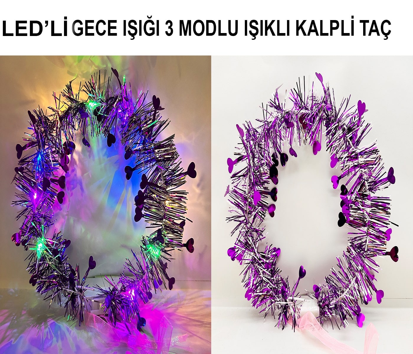 Kalp Püsküllü Gece Parıltısı 3 Modlu LED&amp;#39;li Işıklı Taç Mor Renk