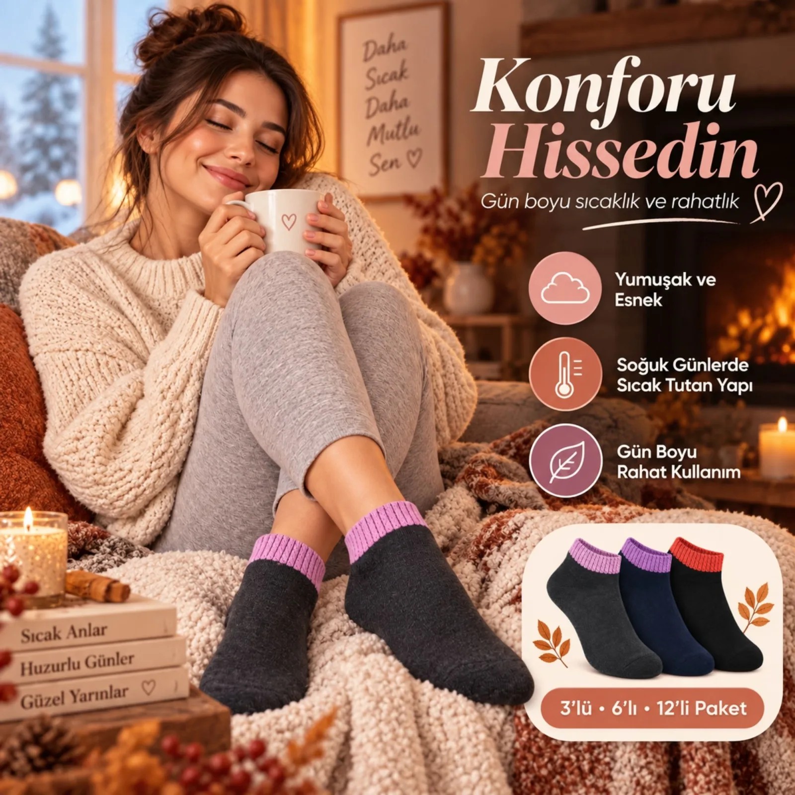 Kadın Havlu 12'li Çorap Kısa Konç Dikişsiz Burun Sıcak Tutan Yumuşak Kışlık Çorap Seti