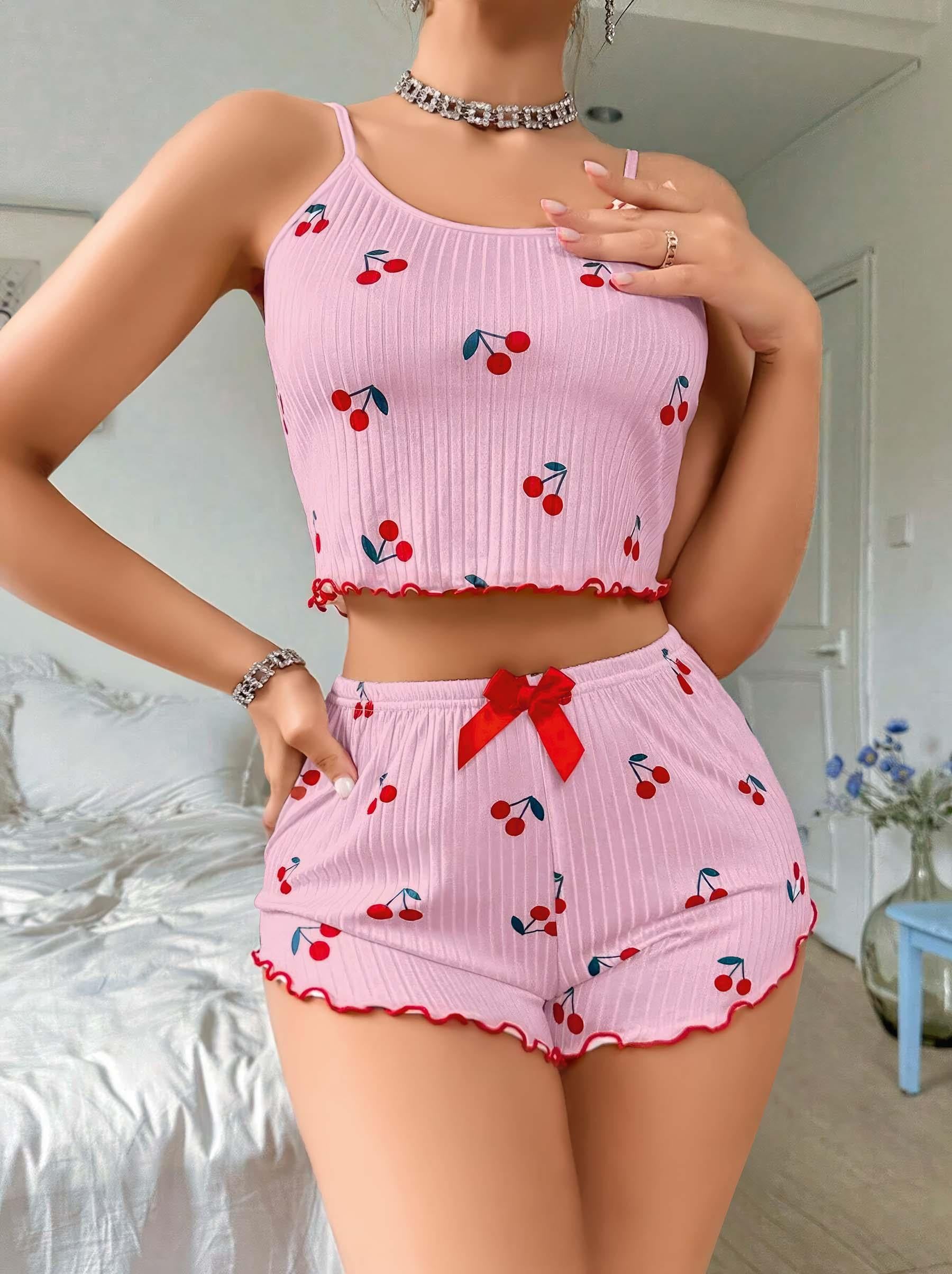 Kadın Pembe Kiraz Desenli Askılı Şortlu Pijama Takım 5044