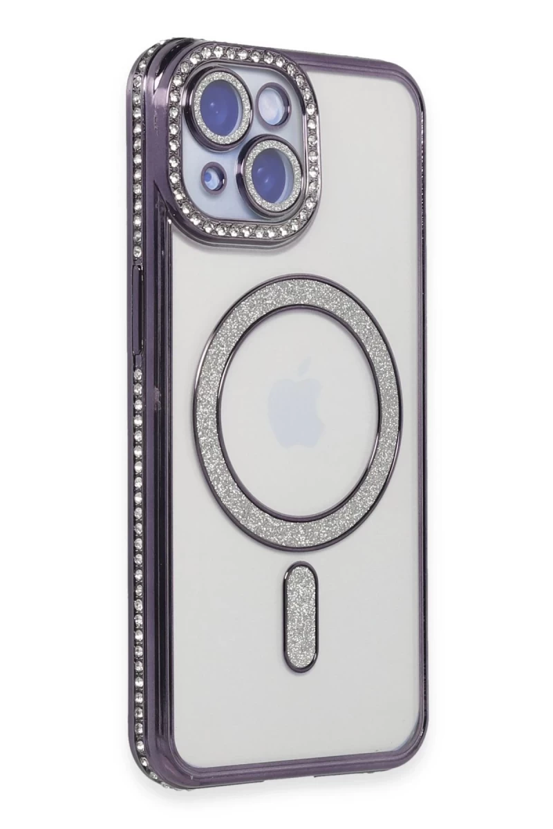 Apple iPhone 13 Uyumlu Kılıf Joke Simli Magneticsafe Kılıf - Derin Mor
