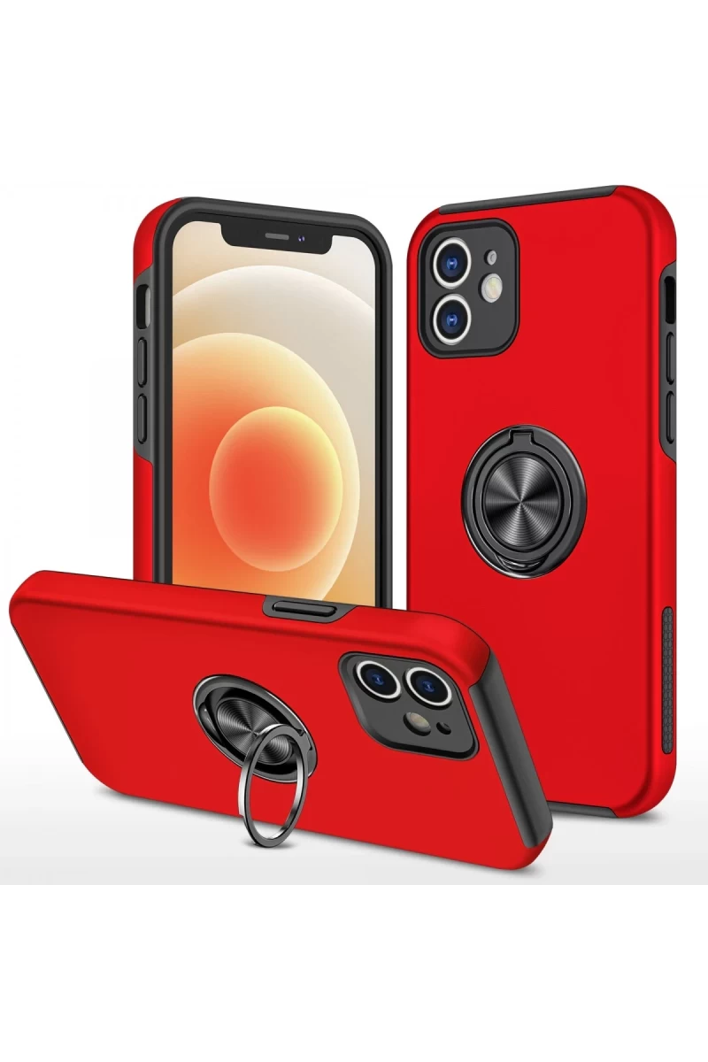 Apple iPhone 12 Uyumlu Kılıf Elit Yüzüklü Kapak - Kırmızı