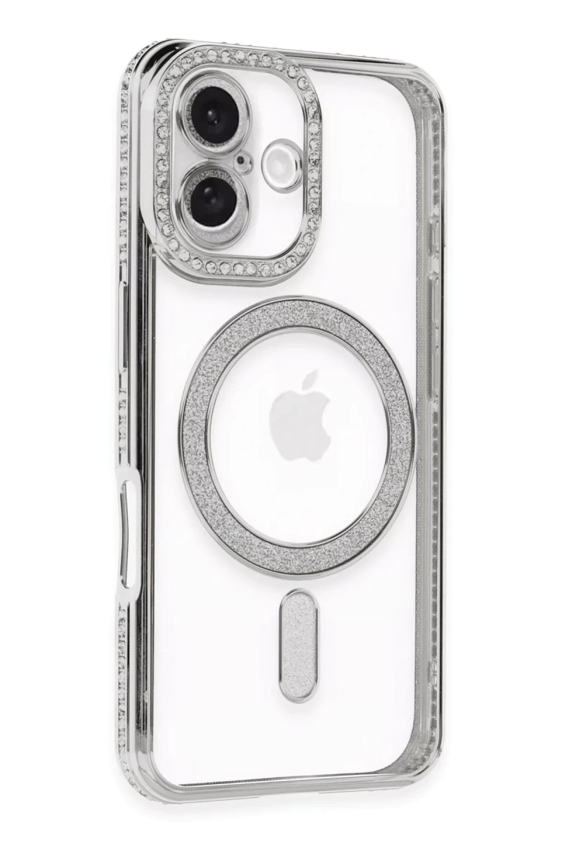 Apple iPhone 16 Uyumlu Kılıf Joke Simli Magneticsafe Kılıf - Gümüş