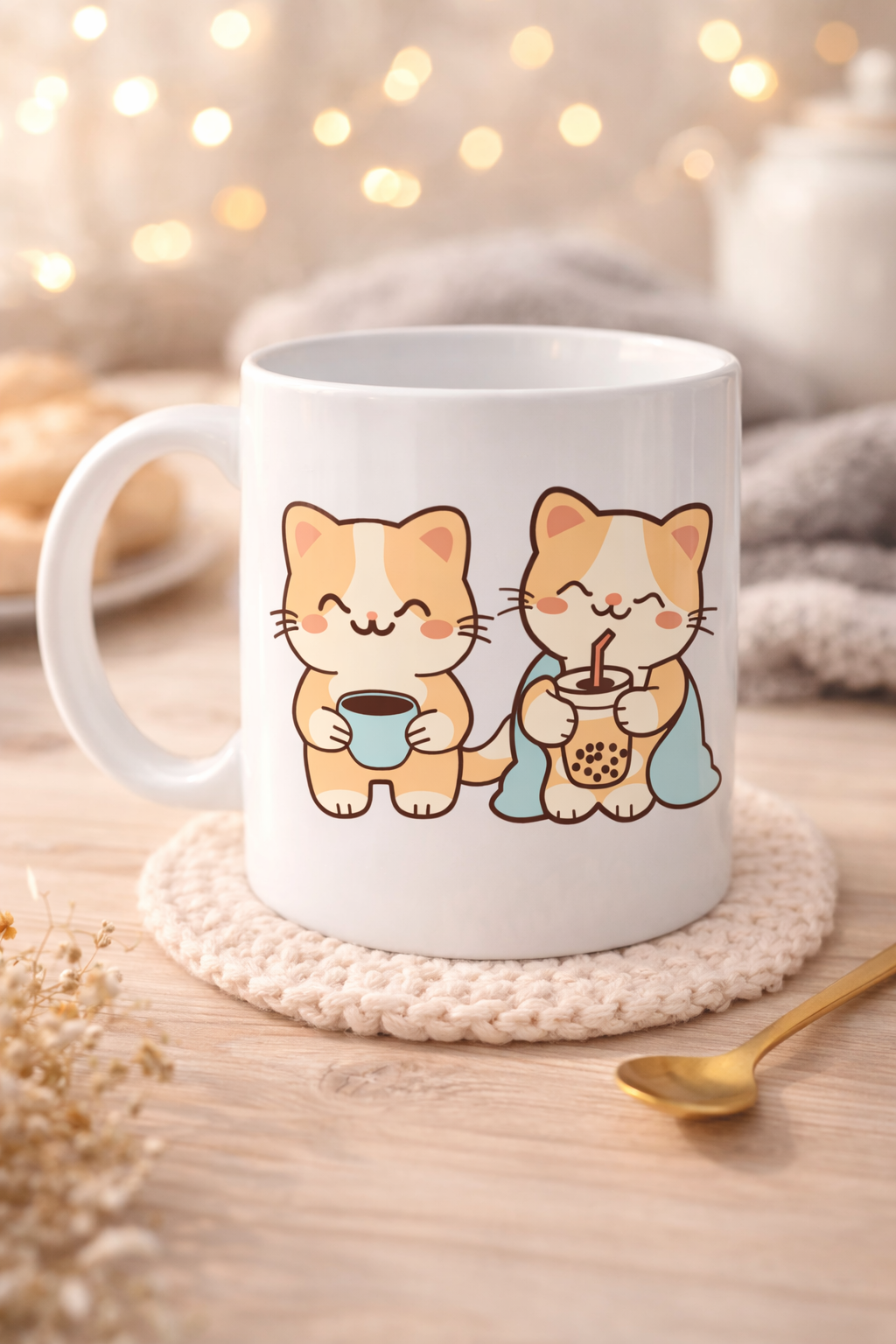 Sevimli Kedi Tasarımlı Porselen Kupa MODEL 194 – İkili Cute Cat Baskılı Kahve Kupası – Kedi Severlere Hediyelik Porselen Kupa Bardak 330 ml