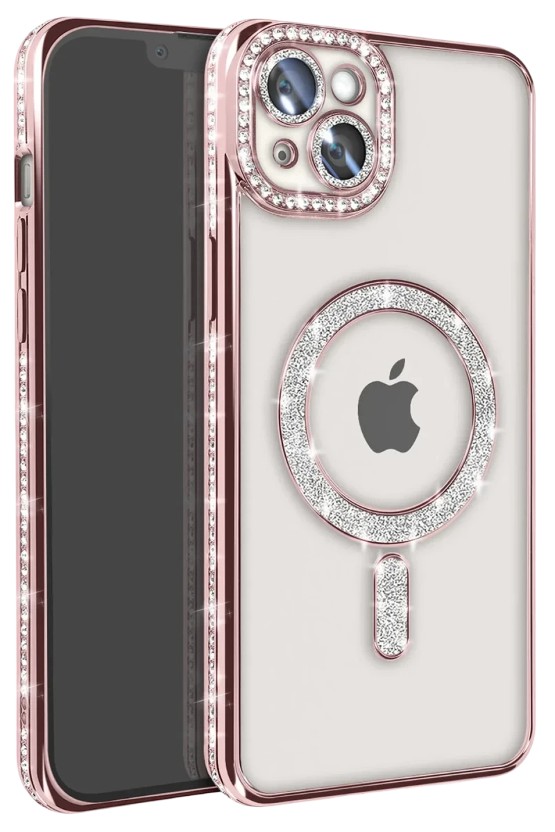 Apple iPhone 15 Uyumlu Kılıf Joke Simli Magneticsafe Kılıf - Pembe
