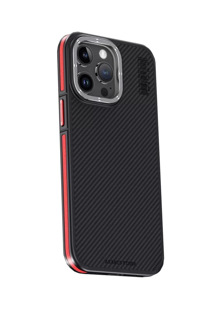 Joko Apple iPhone 15 Pro Uyumlu Kılıf Aramid 600D Kevlar Karbon Fiber Magsafe Kapak - Kırmızı