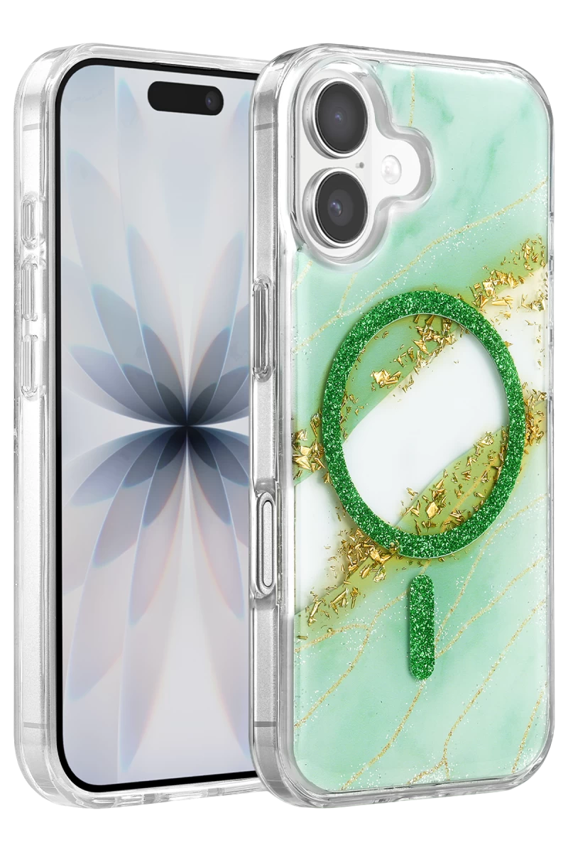 Onegif Apple iPhone 16 Uyumlu Lotus Simli Magsafe Kapak - Yeşil