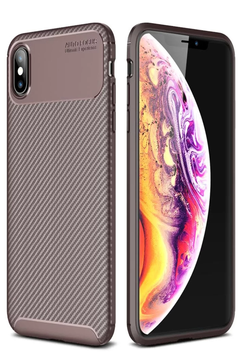 Apple iPhone XS Max Uyumlu Kılıf Auto Focus Karbon Kapak - Kahverengi