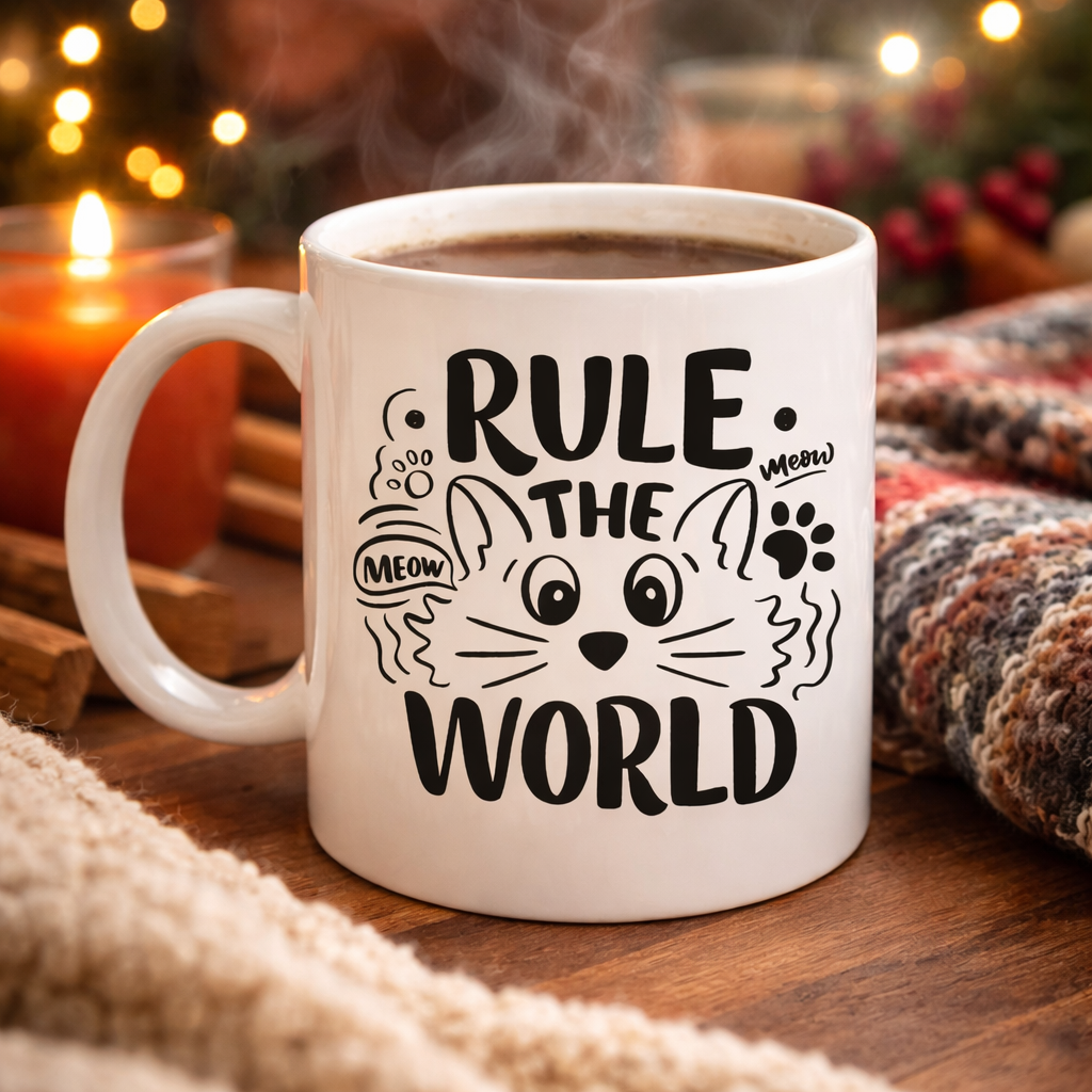 Rule The World Kedi Desenli Porselen Kupa MODEL 61 Sevimli Kedi Figürlü Kahve Kupası
