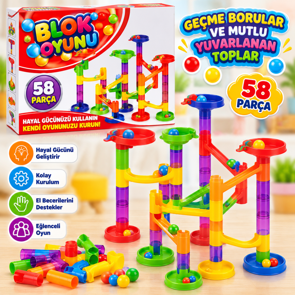 8009 BLOK OYUNU 58 PARÇA EĞİTİCİ OYUNCAK BORULAR