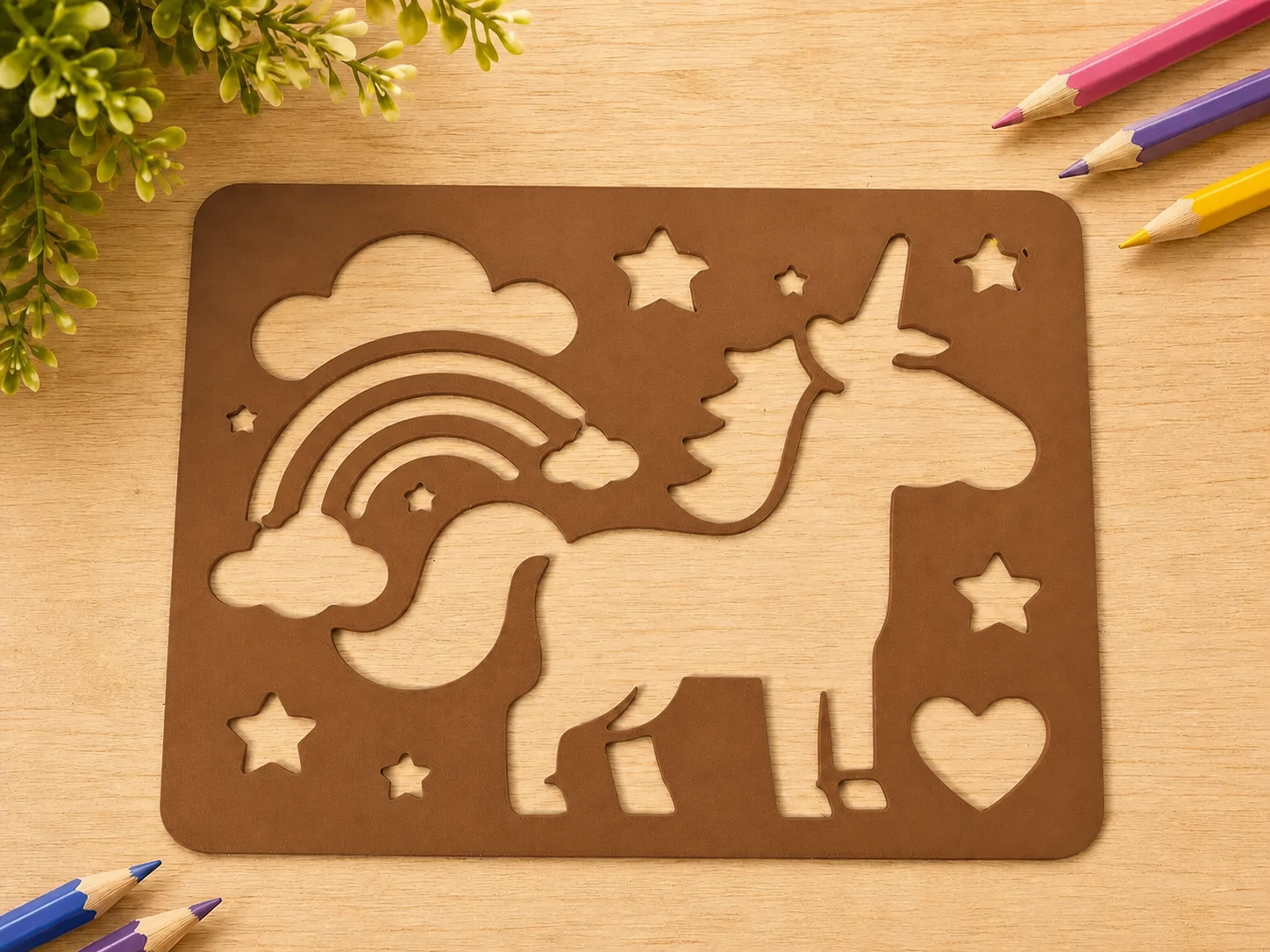 3D Baskı Unicorn ve Gökkuşağı Çizim Şablonu - Desen Kalıbı - Kahverengi