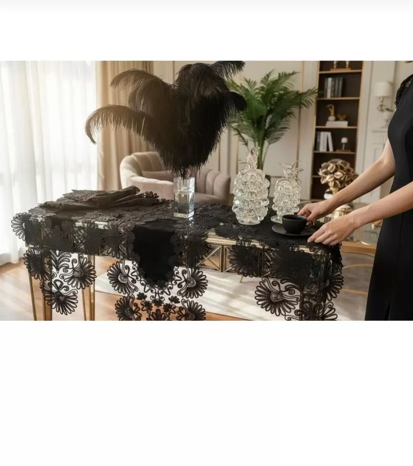 Salon Takımı 5 Parça Keten Masa Örtüsü Runner Seti Çeyizlik Palmiye Model No 70804 Siyah