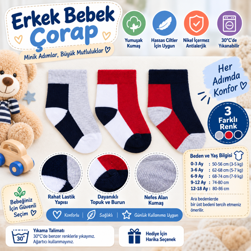 Assn Erkek Bebek Çorap USB2202 Gri Melanj (adet fiyatıdır) · Beden: 6-12 Ay · Renk: Gri Melanj