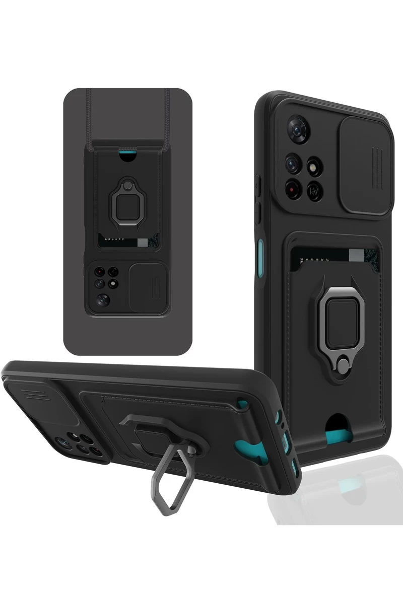Xiaomi Redmi Note 11T Uyumlu Kılıf Zuma Kartvizitli Yüzüklü Silikon - Siyah