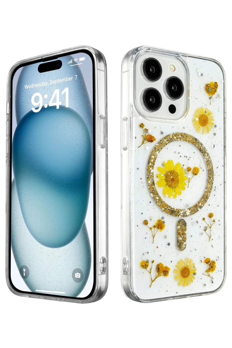 Apple iPhone 14 Pro Max Uyumlu Kılıf Daisy Simli Magsafe Kapak - Gold
