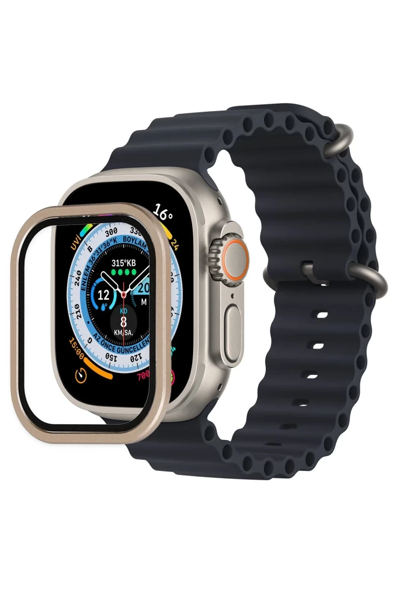 Apple Watch Ultra 49mm Uyumlu Alüminyum Kasa Cam Ekran Koruyucu - Gold