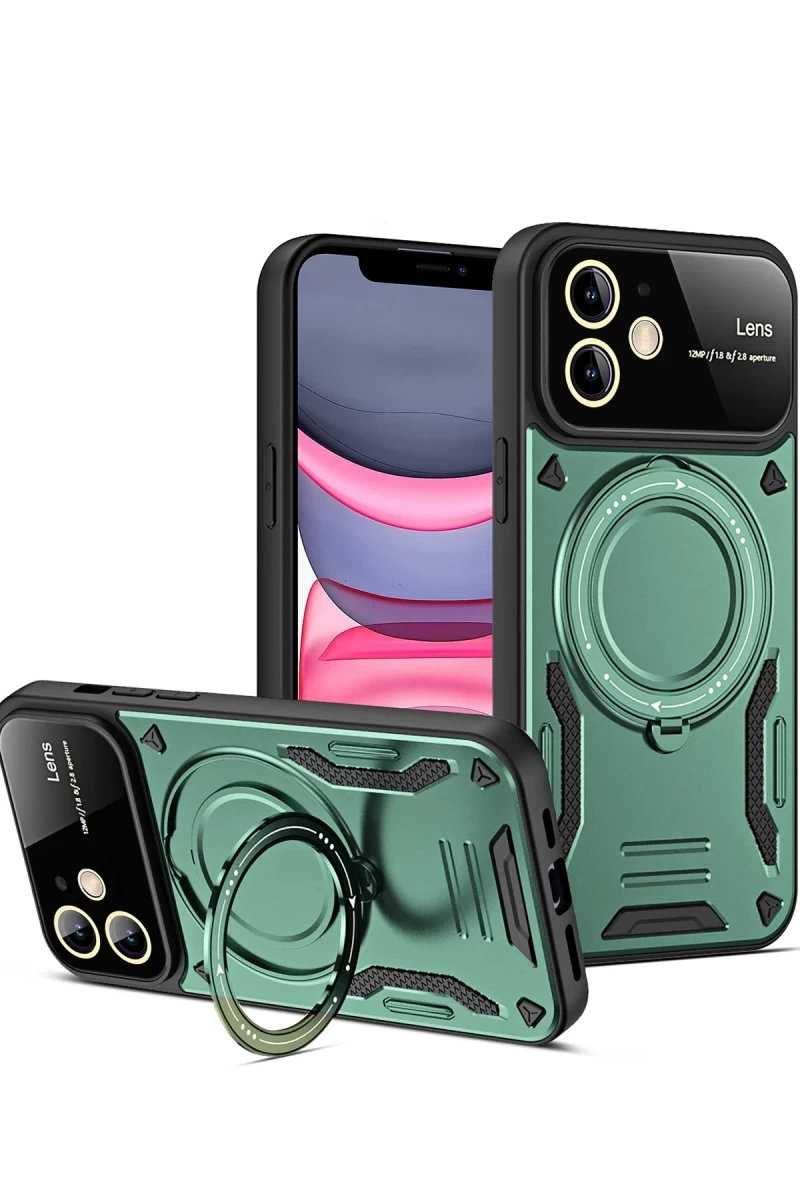 Apple iPhone 11 Uyumlu Kılıf Joy Lens Standlı Kapak - Koyu Yeşil