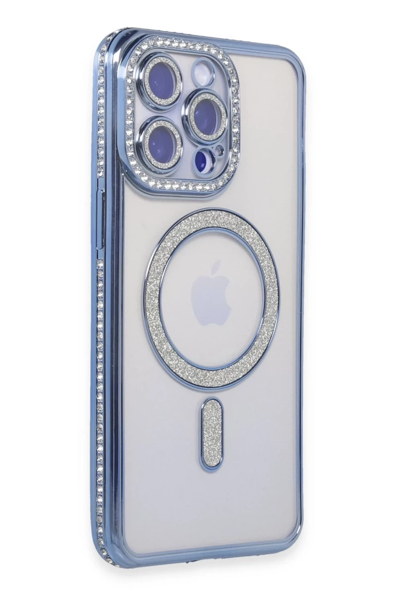 Apple iPhone 15 Pro Max Uyumlu Kılıf Joke Simli Magneticsafe Kılıf - Mavi