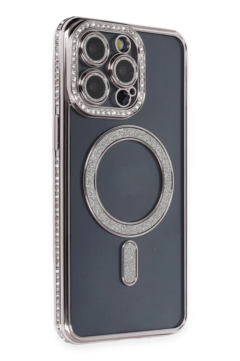 Apple iPhone 14 Pro Uyumlu Kılıf Joke Simli Magneticsafe Kılıf - Gri