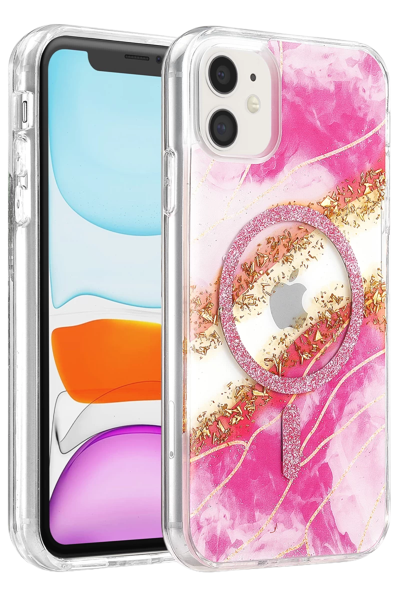 Onegif Apple iPhone 11 Uyumlu Lotus Simli Magsafe Kapak - Pembe