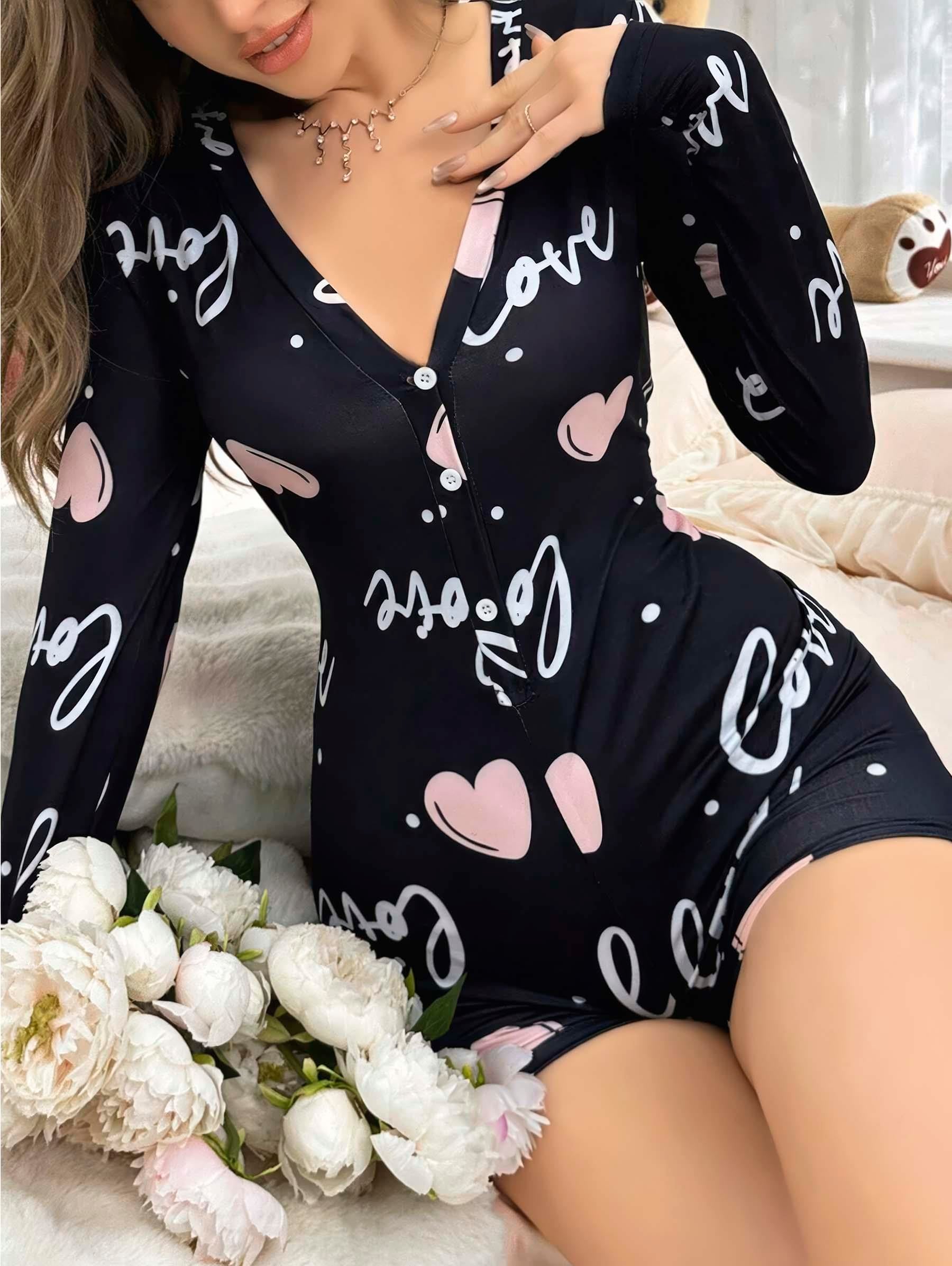 Kadın Siyah Kalp Desenli Love Yazılı Pijama Tulumu 5124 · BEDEN: L/XL · RENK: SİYAH