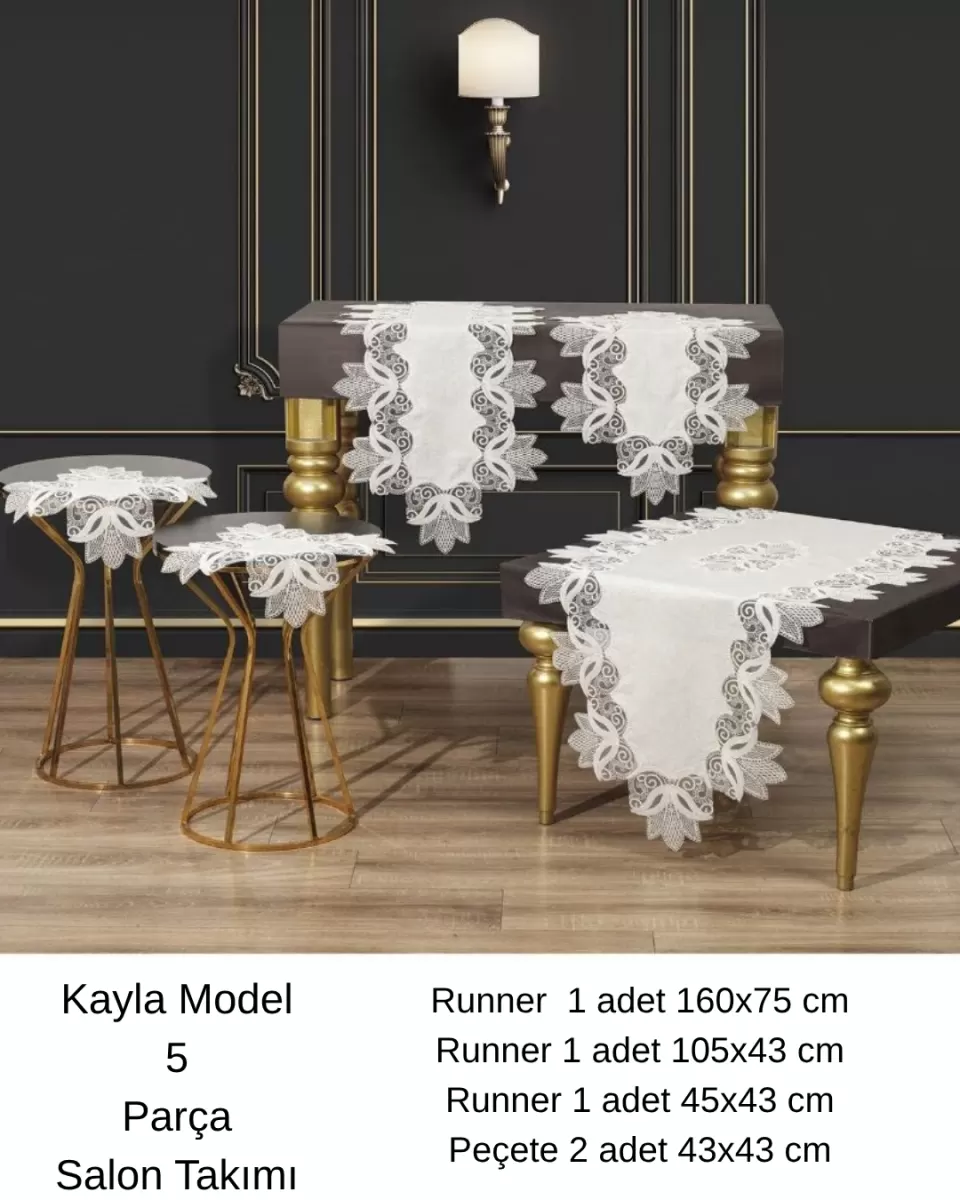 Salon Takımı 5 Parça Keten Masa Örtüsü Runner Seti Çeyizlik Kayla Model No 22252 Krem-Gold