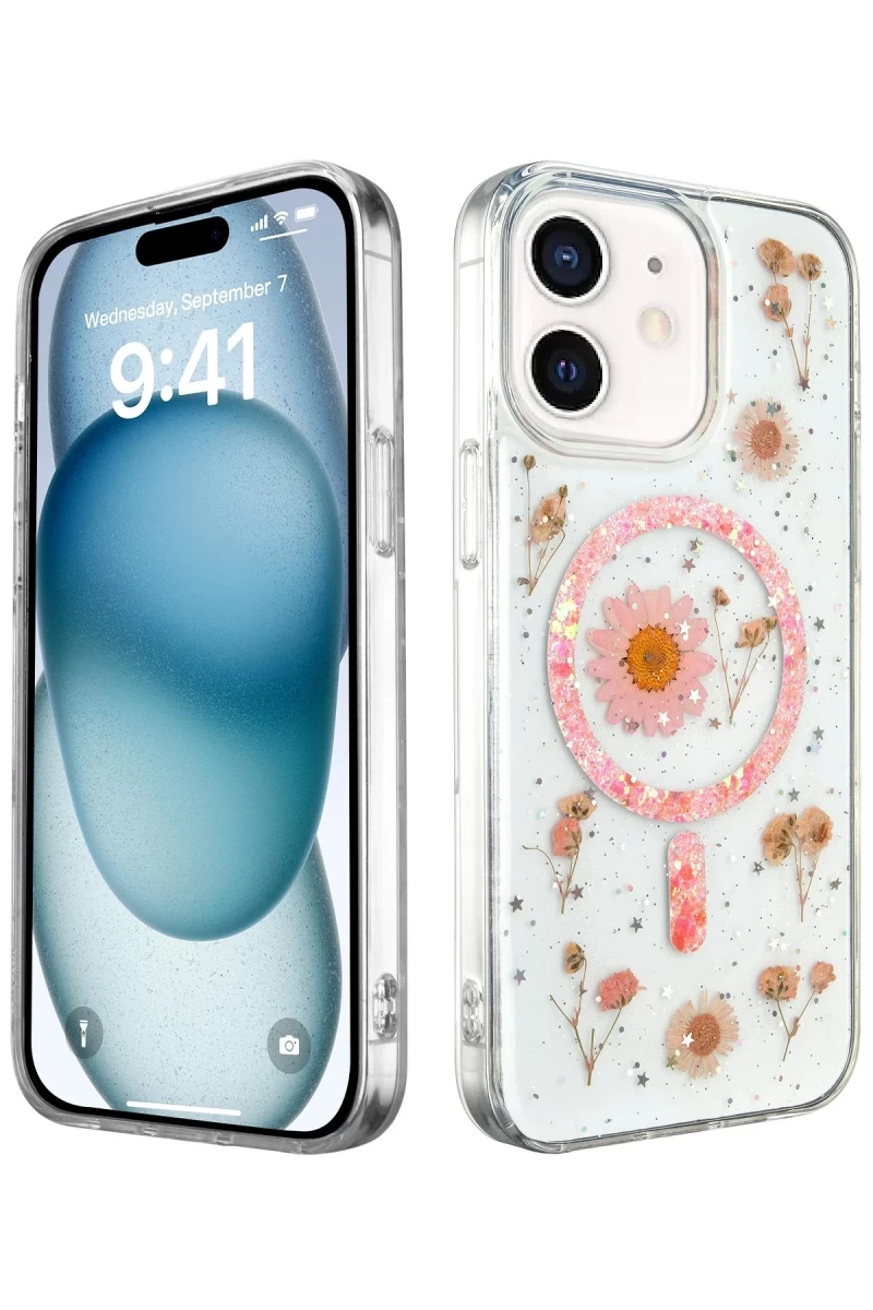Apple iPhone 12 Uyumlu Kılıf Daisy Simli Magsafe Kapak - Pembe