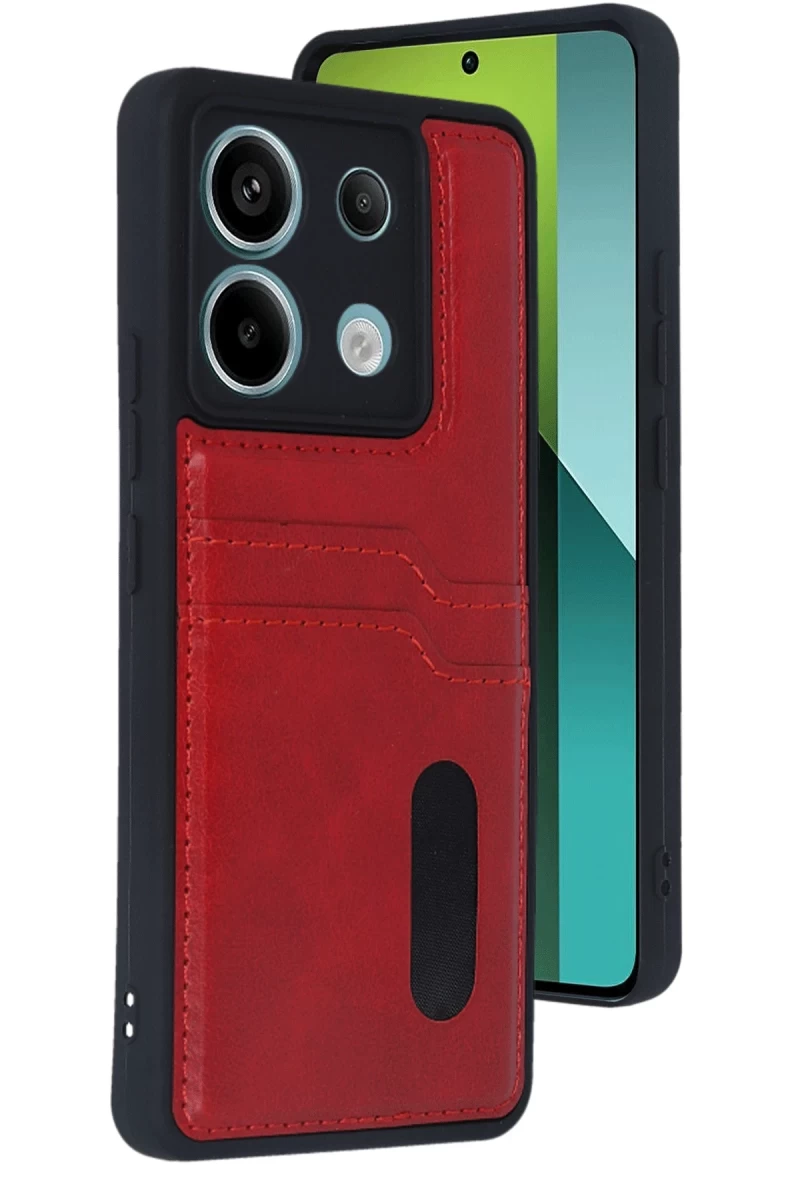 Xiaomi Redmi Note 13 Pro 5G Uyumlu Kılıf Sara Kartvizitli Deri Kılıf - Kırmızı
