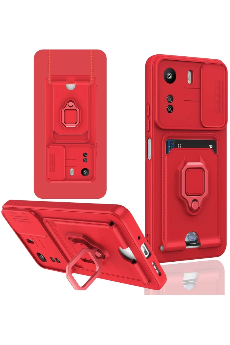 Xiaomi Redmi 13C Uyumlu Kılıf Zuma Kartvizitli Yüzüklü Silikon - Kırmızı