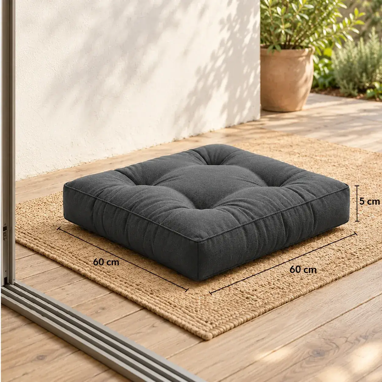 Kapitone Kare Yer Minderi · 60 × 60 × 5 cm | Antrasit | Dış mekân