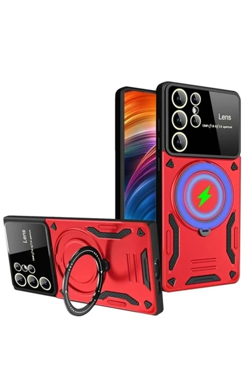 Samsung Galaxy S24 Ultra Uyumlu Kılıf Joy Lens Standlı Kapak - Kırmızı