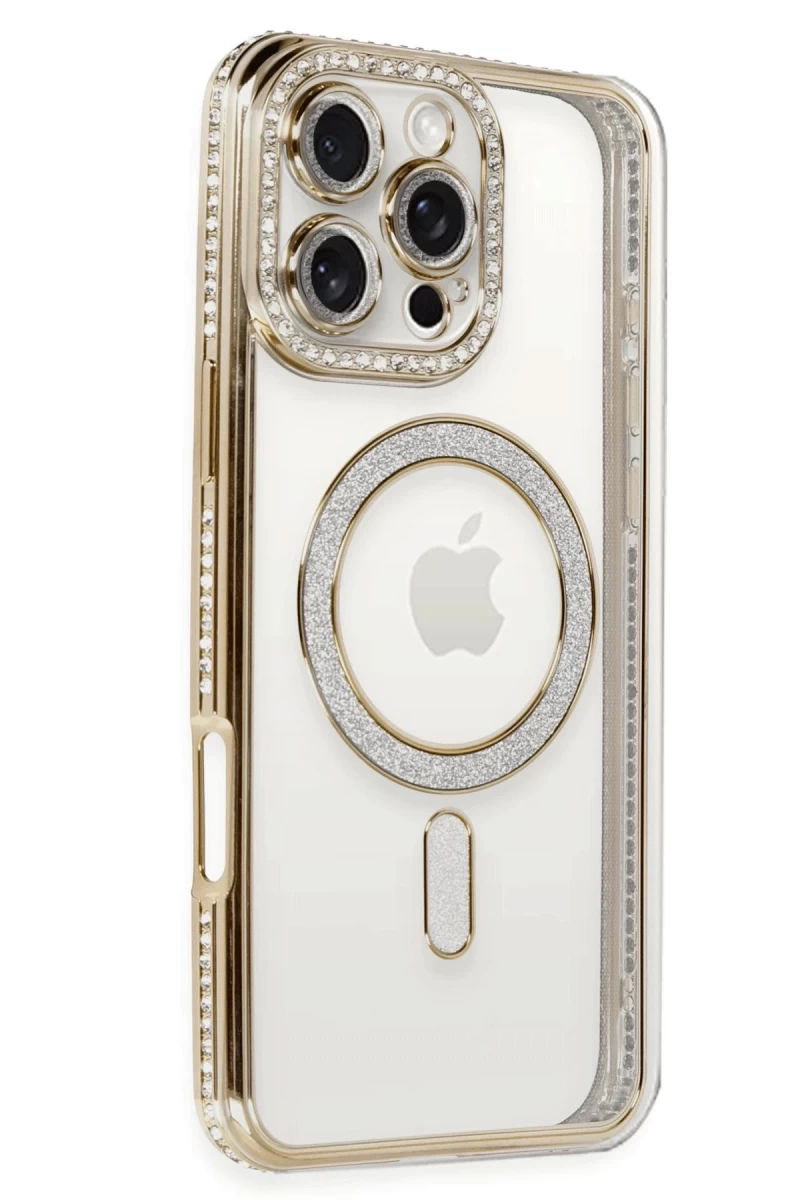 Apple iPhone 16 Pro Uyumlu Kılıf Joke Simli Magneticsafe Kılıf - Gold