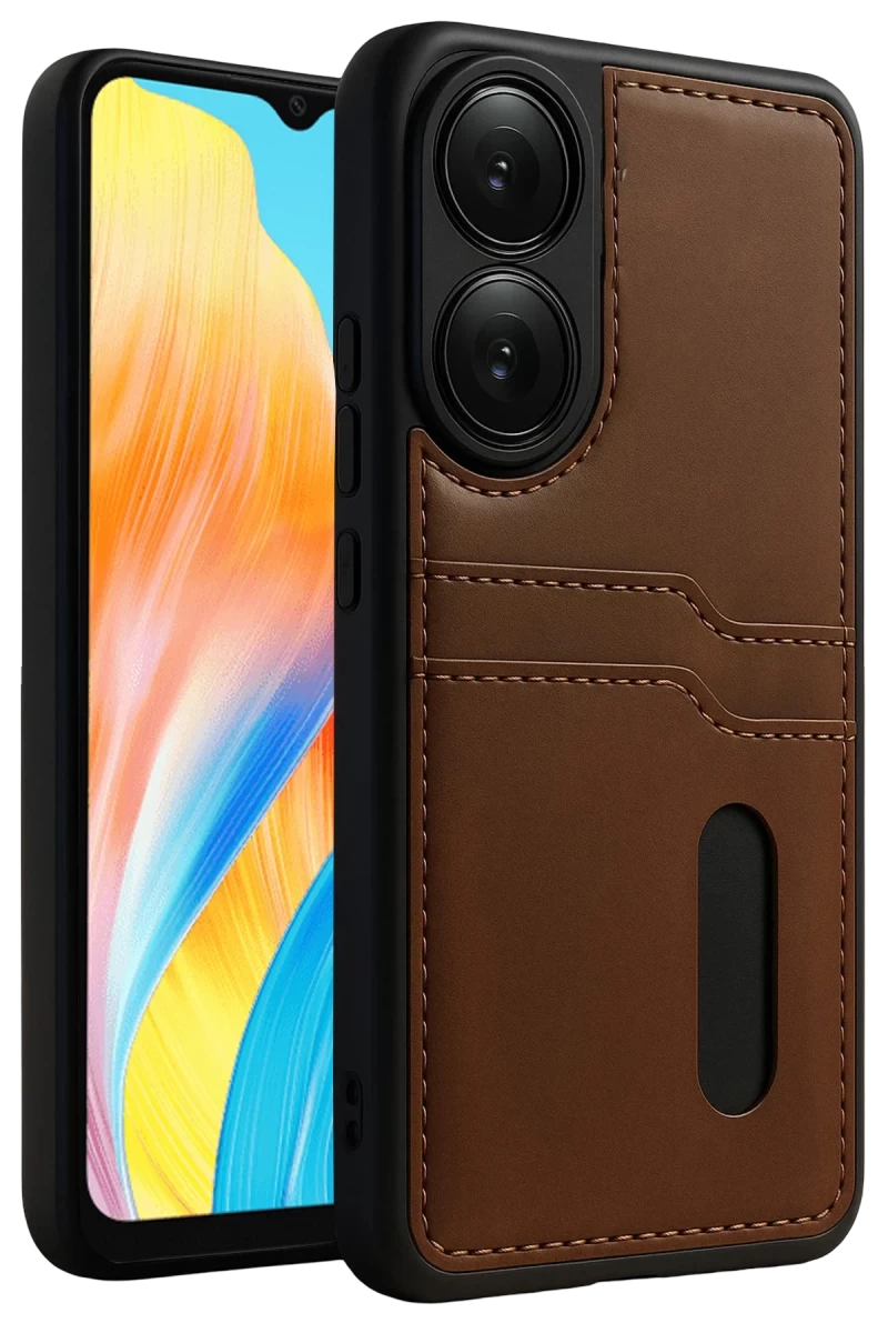 Oppo A38 Uyumlu Sara Kartvizitli Deri Kılıf - Taba