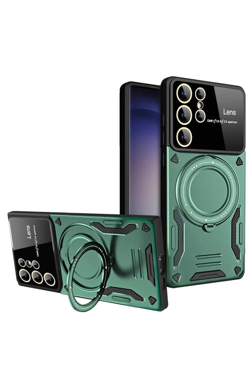 Samsung Galaxy S24 Ultra Uyumlu Kılıf Joy Lens Standlı Kapak - Koyu Yeşil