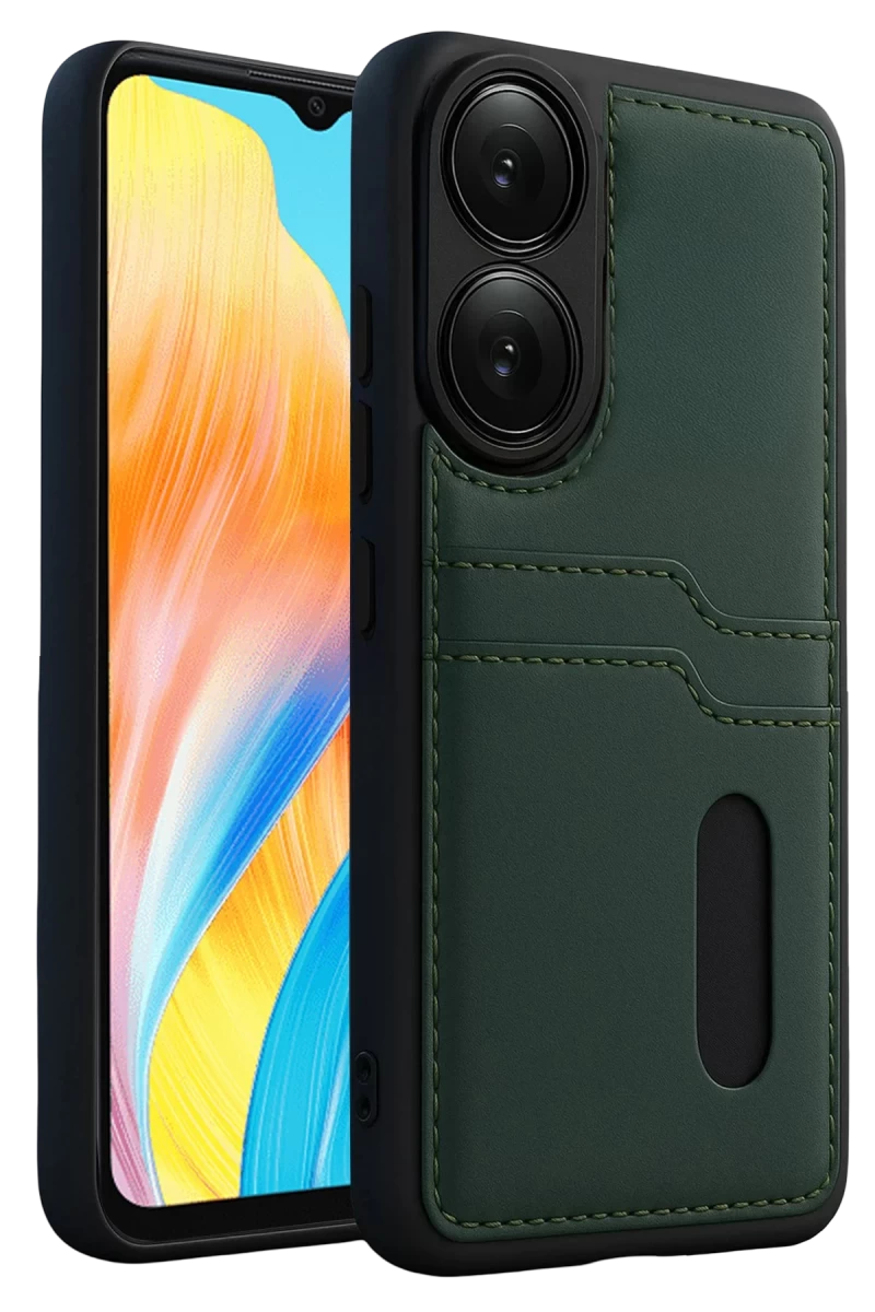 Oppo A38 Uyumlu Sara Kartvizitli Deri Kılıf - Yeşil