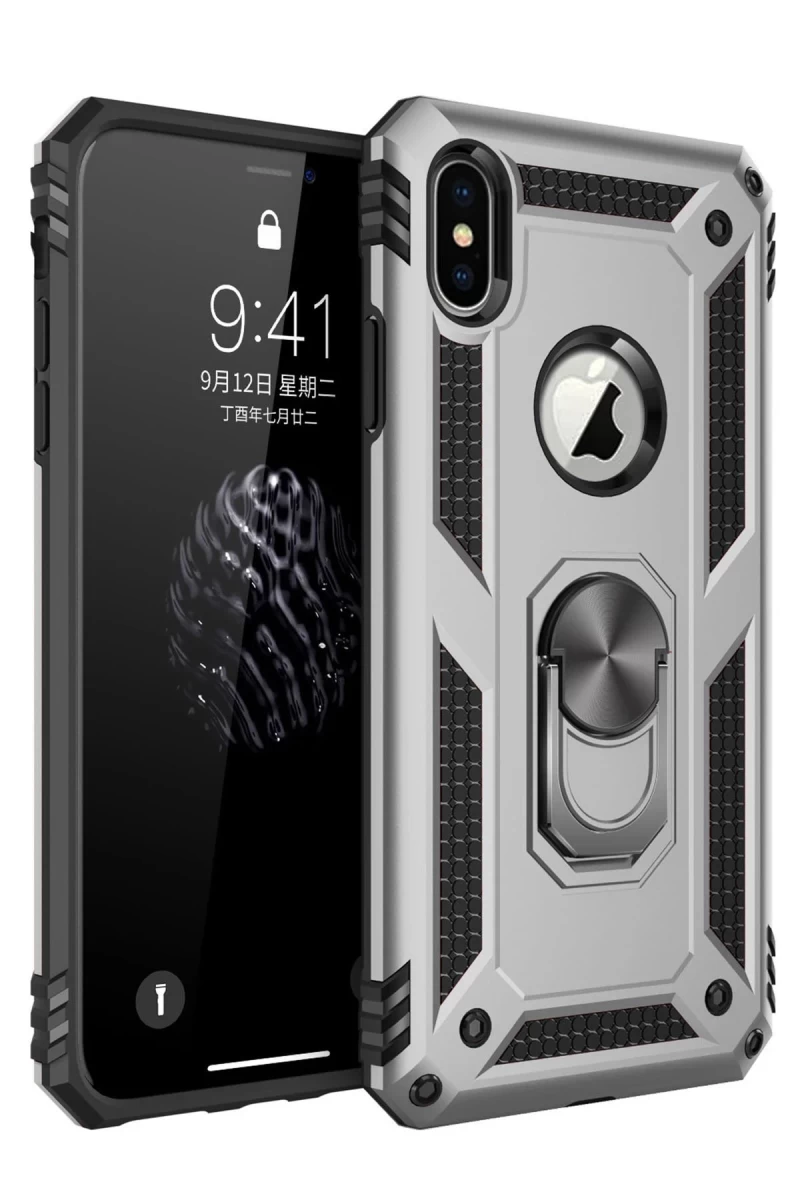 Apple iPhone X Uyumlu Kılıf Sofya Yüzüklü Silikon Kapak - Gümüş
