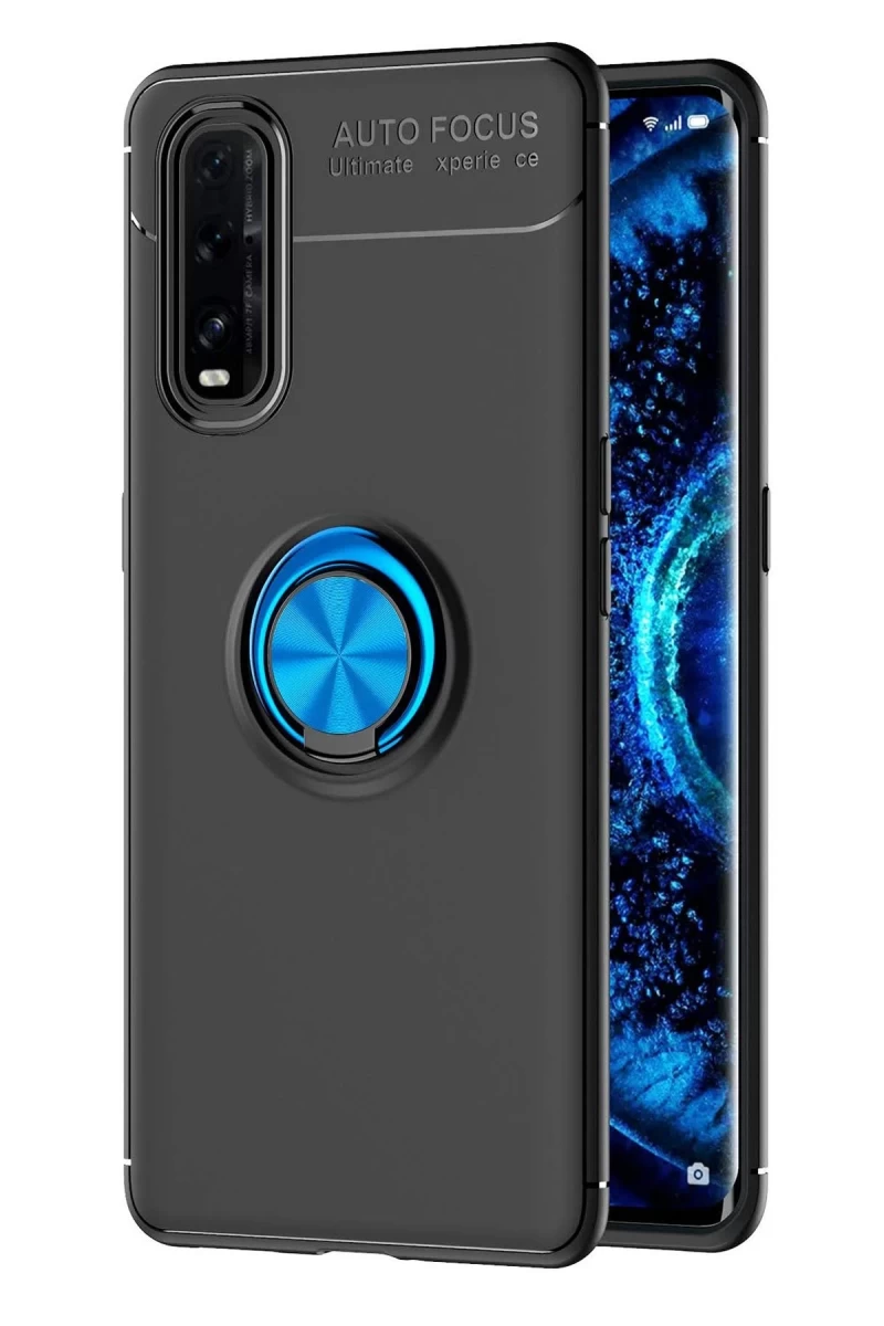 Oppo Find X2 Uyumlu Kılıf Range Yüzüklü Silikon - Siyah-Mavi