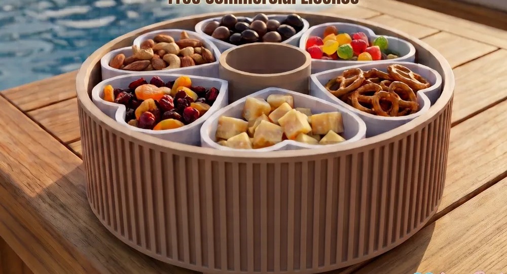 3D Baskı Kalp Bölmeli Döner Atıştırmalık Sunum Tepsisi Ortası Sos Kâseli 6 Bölmeli Çerezlik Lazy Susan