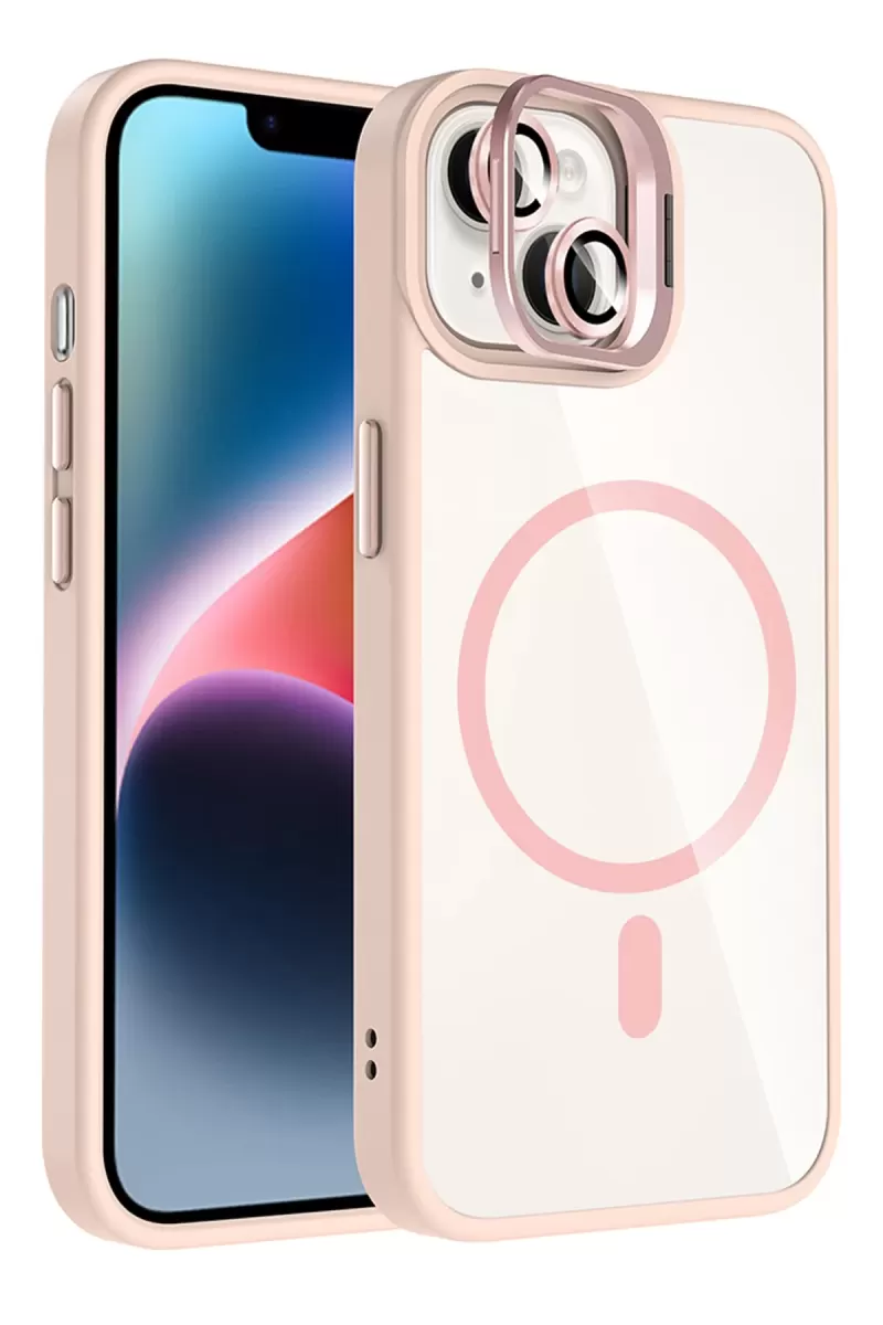 iPhone 13 Remim Lensli Magsafe Standlı Kapak - Pembe