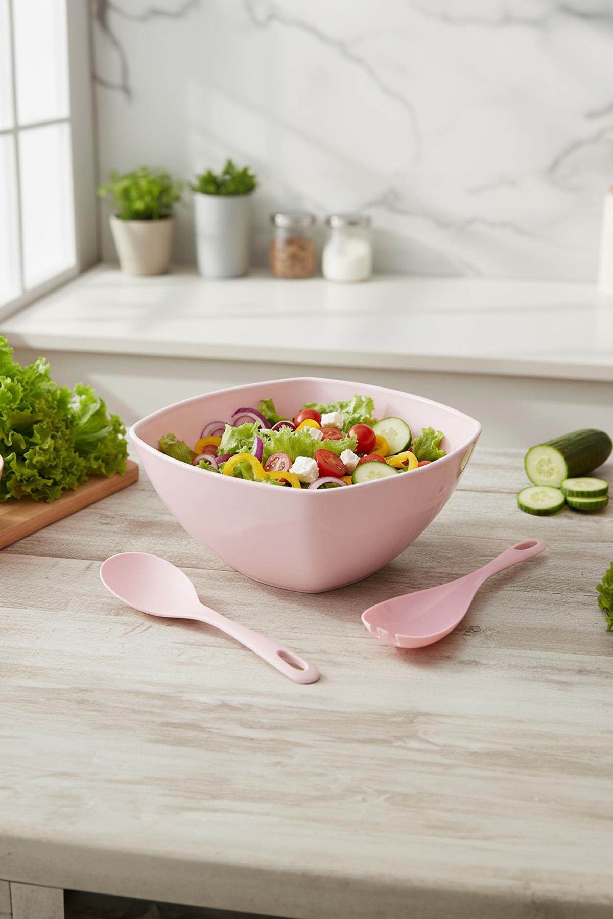 3,5 Lt Soft Pembe Akrilik Kare Salata ve Servis Kasesi Seti ? 3 Parça