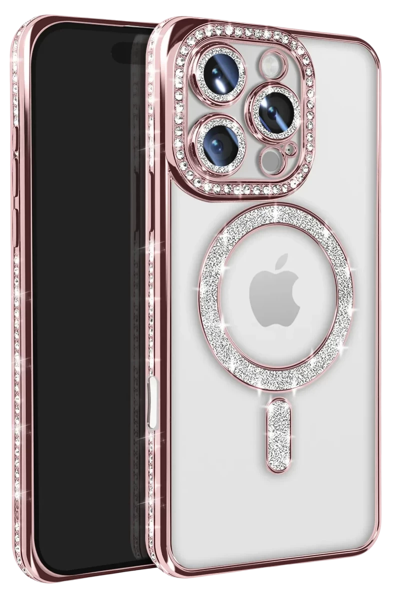 Apple iPhone 16 Pro Max Uyumlu Kılıf Joke Simli Magneticsafe Kılıf - Pembe