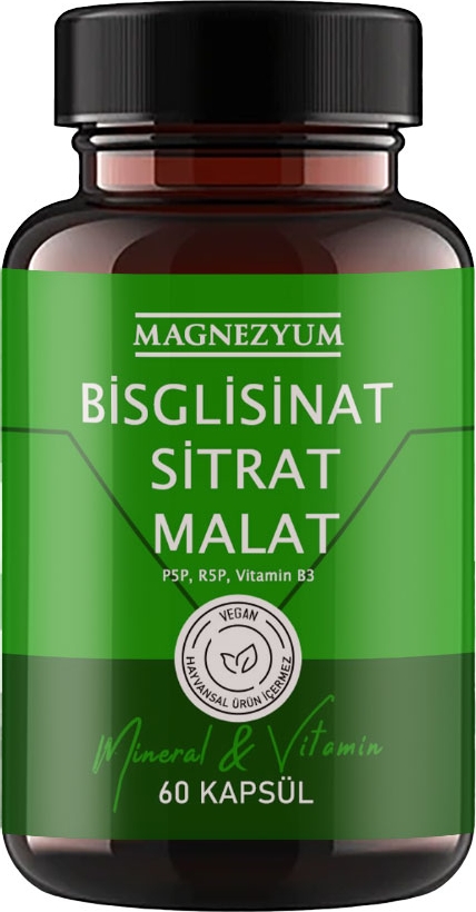 Magnezyum: 1 Adet Bisglisinat  Magnezyum Sitrat Magnezyum Malat & Vitamin B2 B3 B6  ve Mineral Kapsülleri 60LI