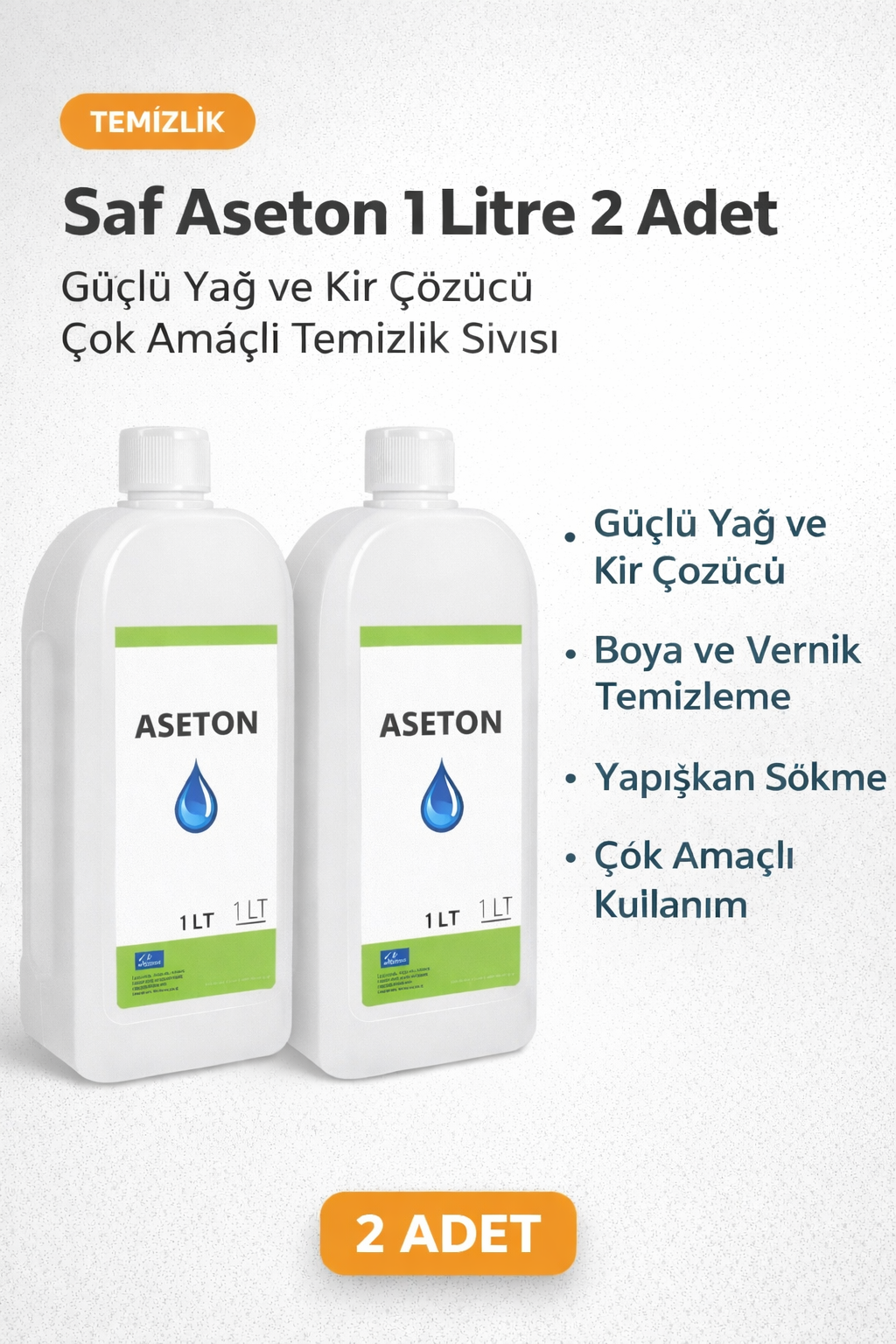 Saf Aseton 1 Litre 2 Adet Güçlü Yağ ve Kir Çözücü Çok Amaçlı Temizlik Sıvısı