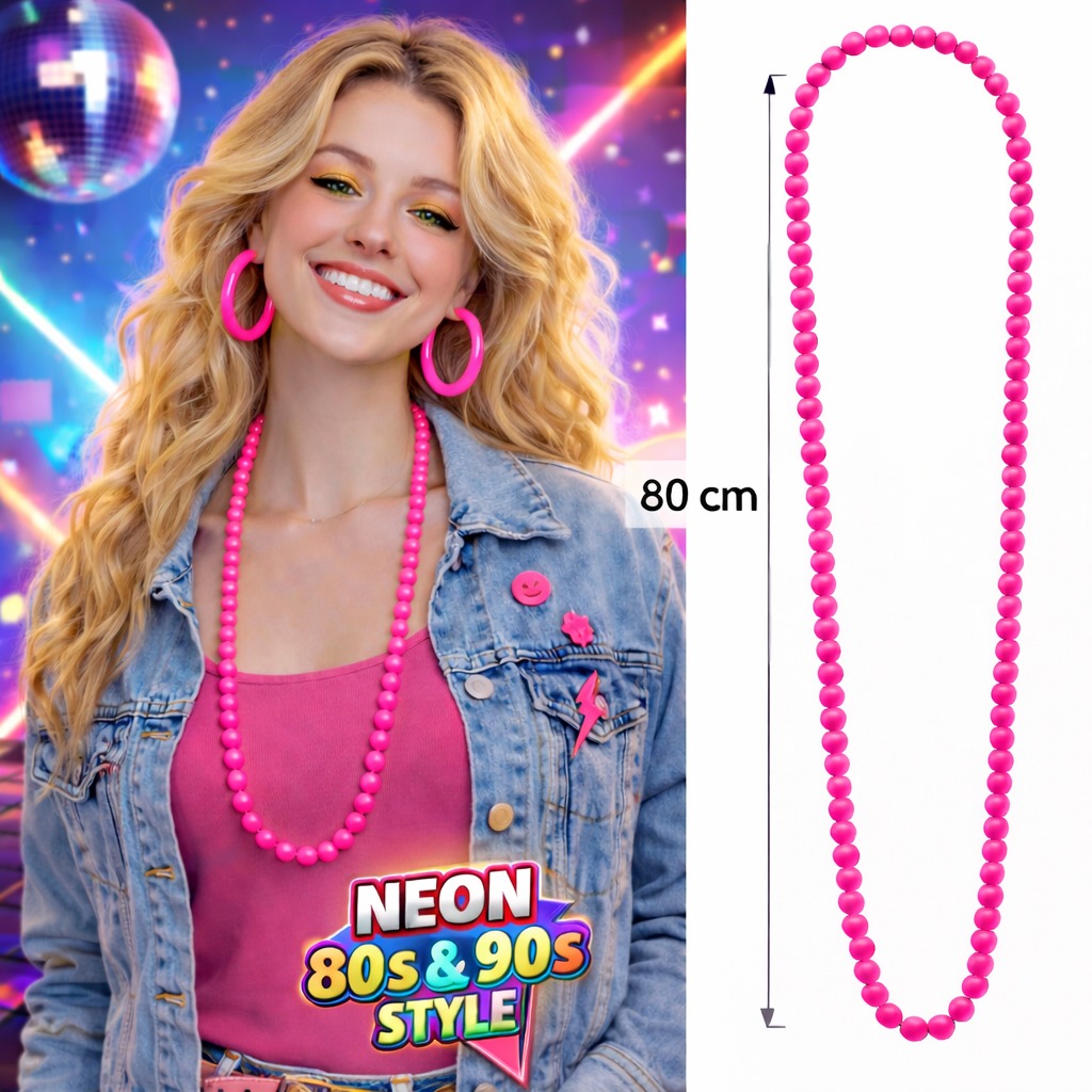 Neon Pembe Boncuk Kolye 80 cm ? Retro 80?ler 90?lar Parti Aksesuarı